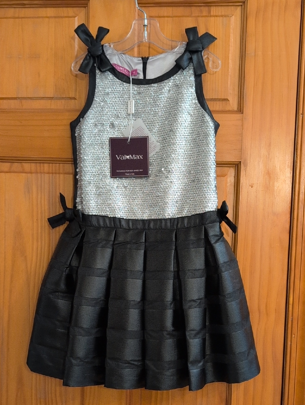 Girls' Silver Sequin & Black Bow Party Dress